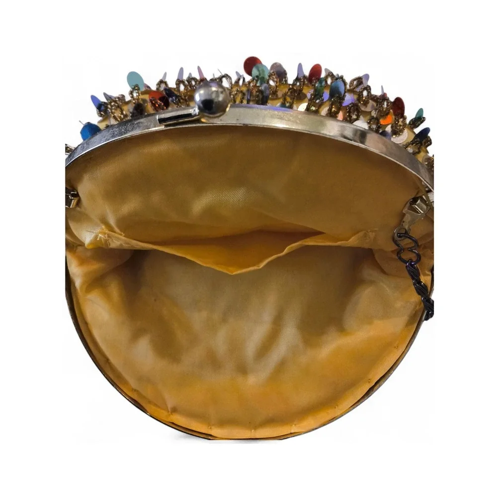 Vintage Beaded Sequin Evening Bag Gold Fringe Kiss Lock Boho Glam - Picture 8 of 10